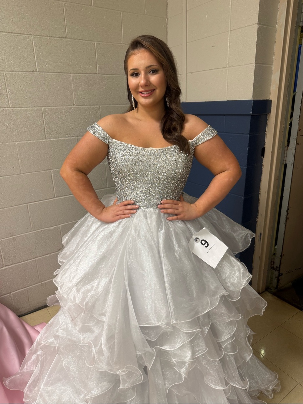 Off-Shoulder Sparkle Ball Gown Prom Dress in Light Silver